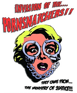 Cartoon of a woman's screaming face under the shock headline Invasion of the Pornsnatchers