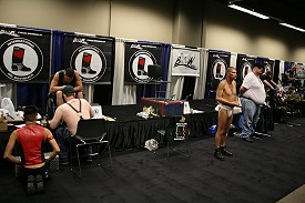The line of bootblack stands in the vendor market