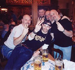 Five guys from Chicago waving in a German beer hall - 35mm print