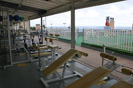 A collection of machines inside the Beach Gym, looking out over the top of a shopping centre onto the sea